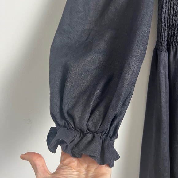 Reformation Small Black Gitane 100% Linen Long Puff Sleeve Smocked Midi Dress - Picture 7 of 14